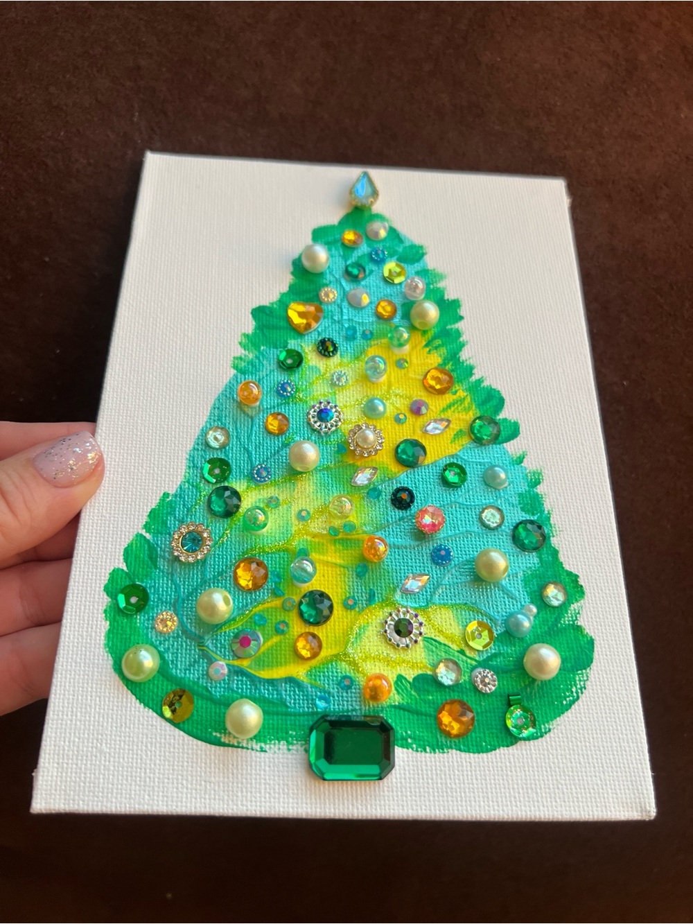 Handmade Green & Yellow Christmas Tree Canvas with Gem Embellishments 5x7 inch - Picture 7 of 8